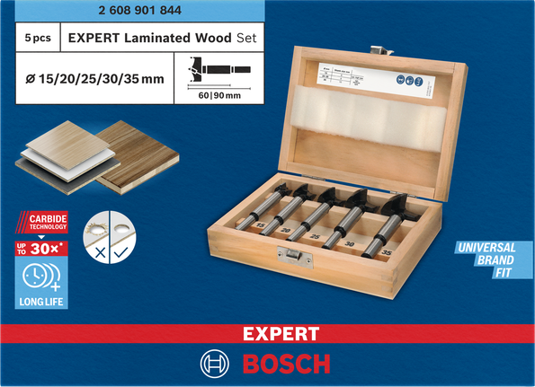 Conjunto de brocas para corte de dobradiças de madeira laminada Bosch de 15–35 mm.